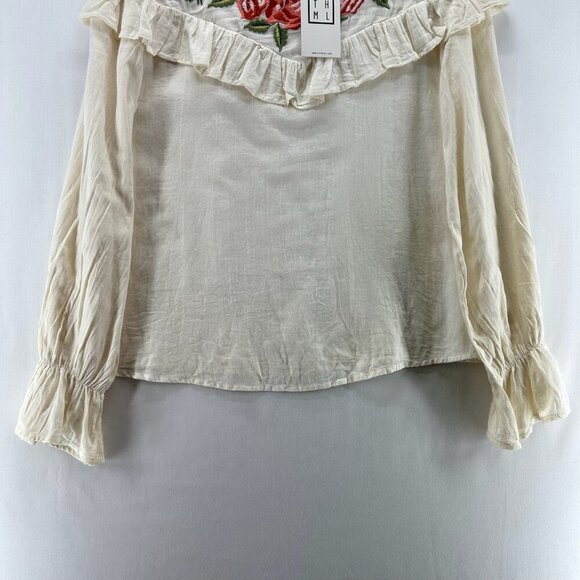 THML Blouse M Embroidered Ruffle Top Peasant Flounce Sleeve Cotton Cream - Picture 4 of 11